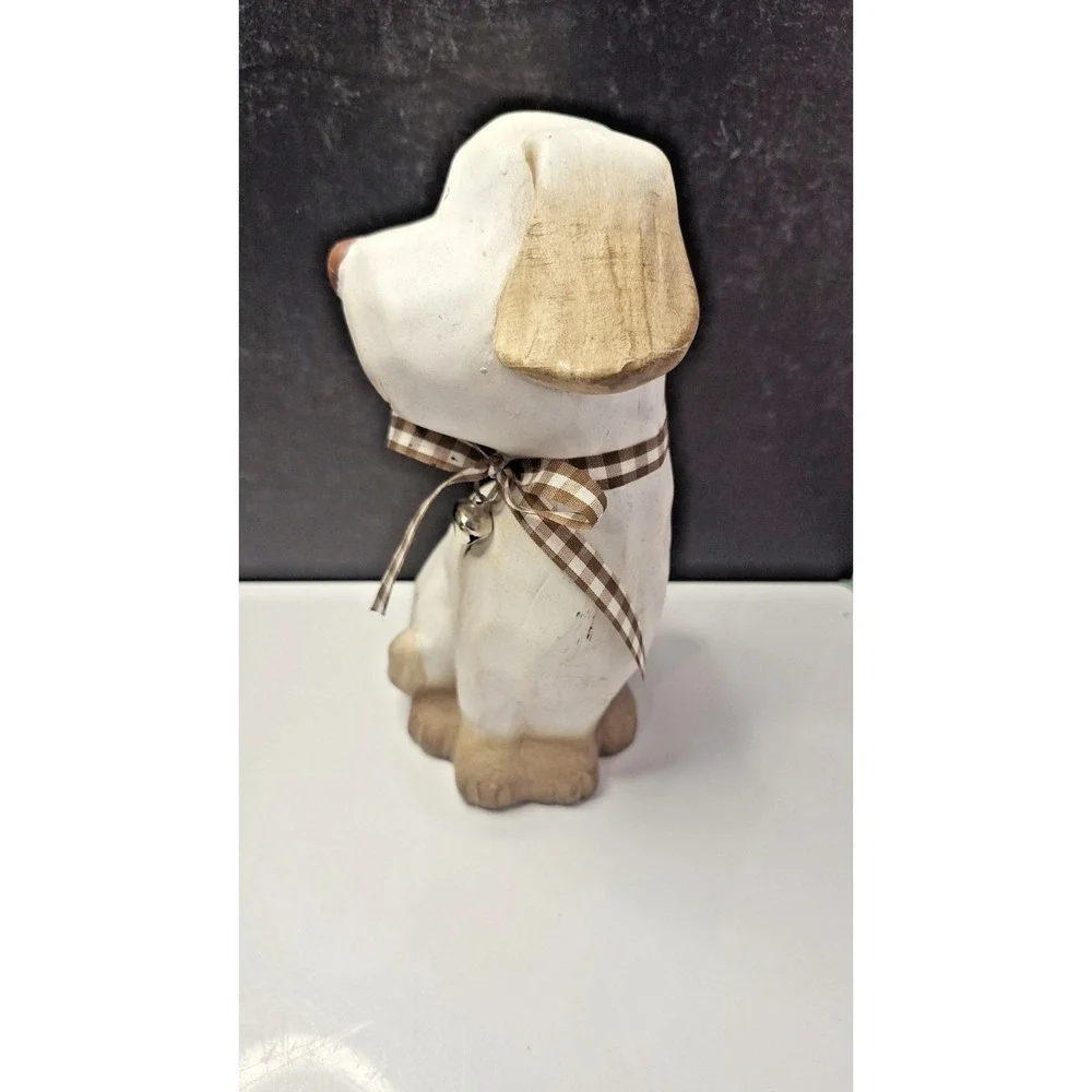 Wood Decorative Dog Figurine with Checkered Ribbon Bow